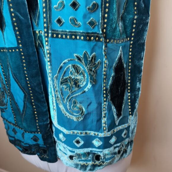 Teal Crushed Velvet Scarf Paisley Floral Geometric Sheer 58" x 9.5" - Picture 7 of 13